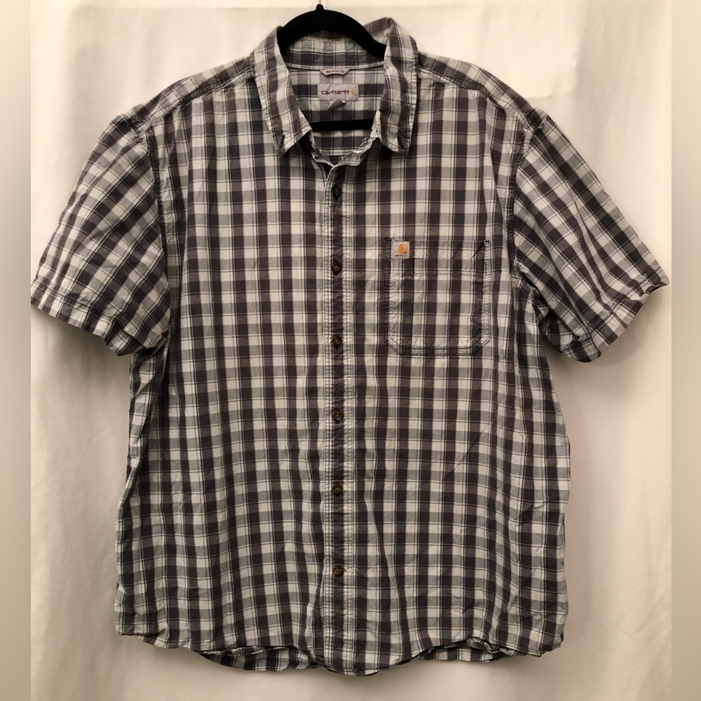 Carhartt Shirt 2XL Mens Button Up Plaid Gray White Blue Relaxed Fit Short Sleeve